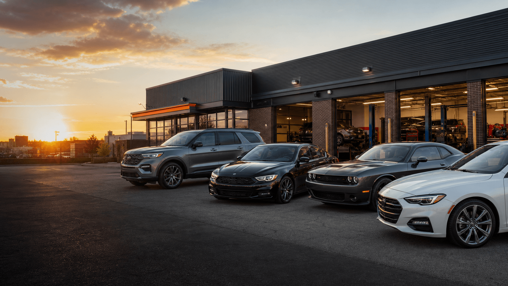 RPM Motor City vehicles in front of the dealership and automotive service bays